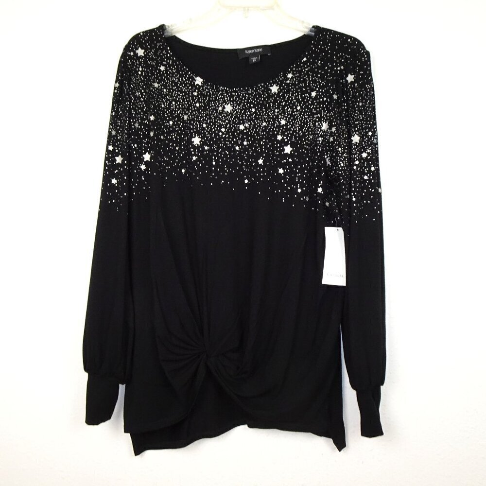 Karen Kane Twist Front Knot Top Women's Plus Size 1X Black Star Print Made USA